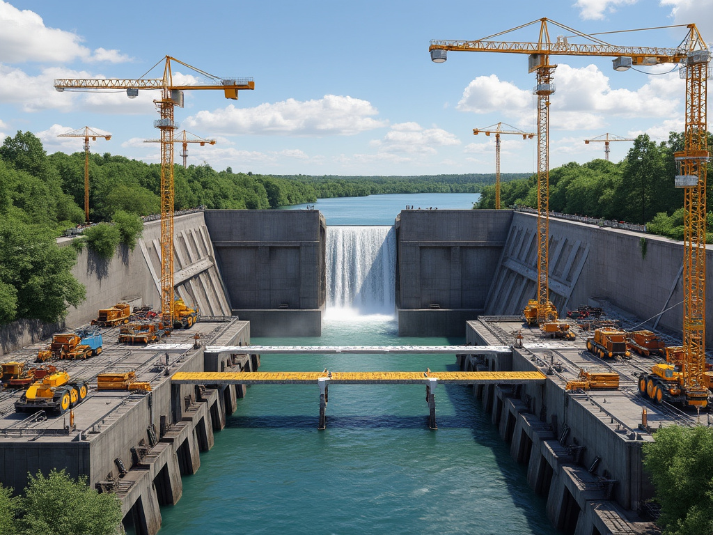 Construction site of a large dam with cranes, water flowing, and surrounded by lush green trees under a blue sky. Construction site of a large dam with cranes, water flowing, and surrounded by lush green trees under a blue sky.
