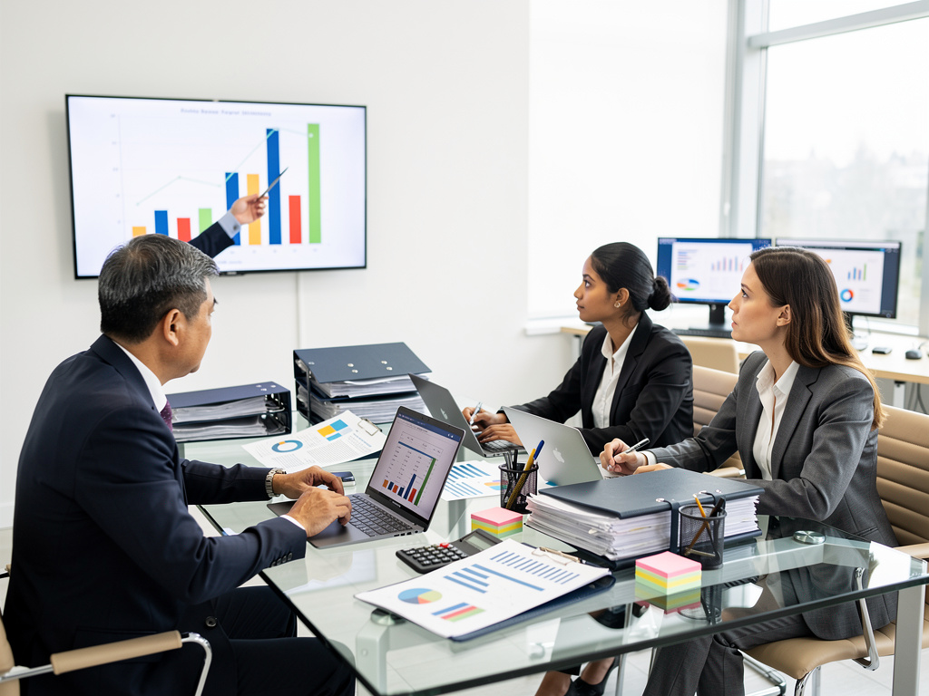 Business team meeting in modern office reviewing financial charts and performance analytics on screens