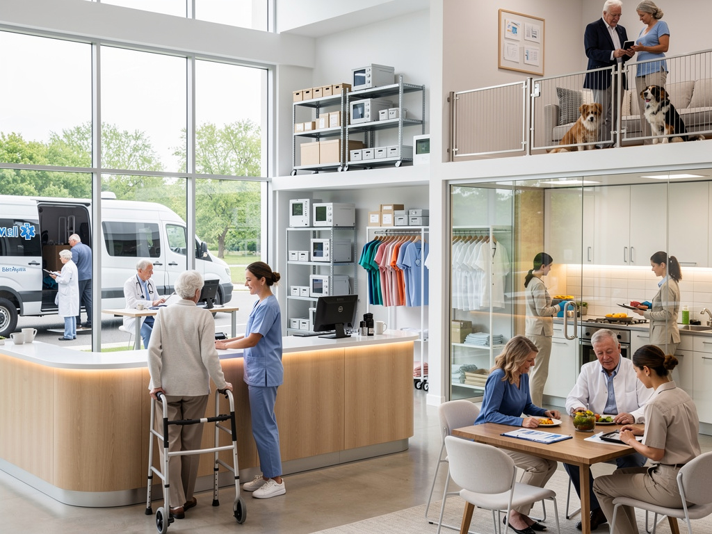 Modern senior care facility with medical staff, elderly residents, therapy dogs, ambulance, and accessible wellness spaces