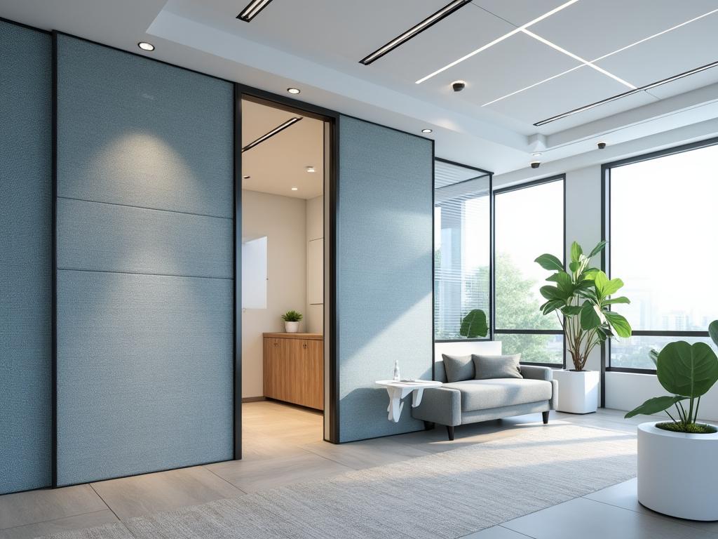 Sala moderna con sofá gris, grandes ventanales y plantas en macetas blancas.