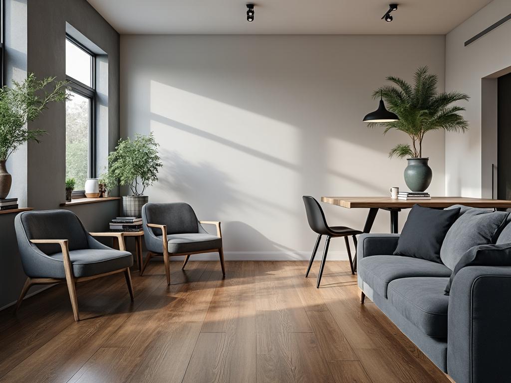 Modern living room with wooden flooring, gray sofa, armchairs, dining table, indoor plants, and large windows.