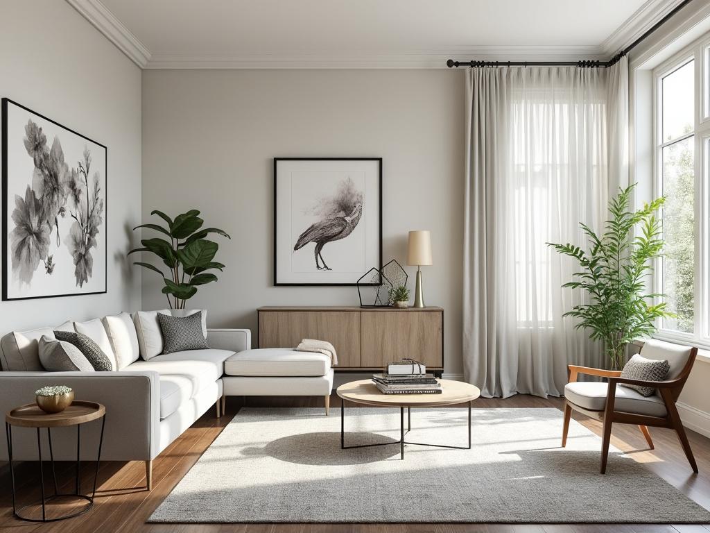 Modern living room with a white sectional sofa, wooden coffee table, framed artwork, indoor plants, and large windows with sheer curtains.