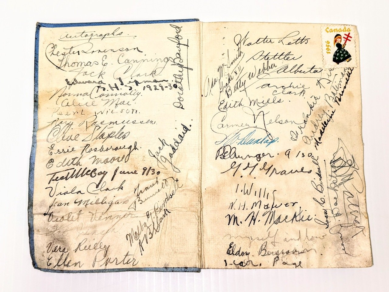 The artifact is a book titled "Cornelius Nepos lives of Miltiades and Epaminondas" which is a mouthful! More interesting however, is the first page which is full of handwritten signatures as shown by the picture. The most prominent seems to be "Walter Letts, Stettler Alberta" on the top of the right page. This - and the fact that it is a part of the Eek, Marilyn collection- tell us that this classic belonged to Walter Letts. We don't recognize many of the other signatures - though there are familiar surnames such as "Clark" and "Wilson". The book is well used with notes throughout its pages, and even more signatures - some of which are dated 1930.
22/02/2022
996.40.108 / Eek, Marilyn