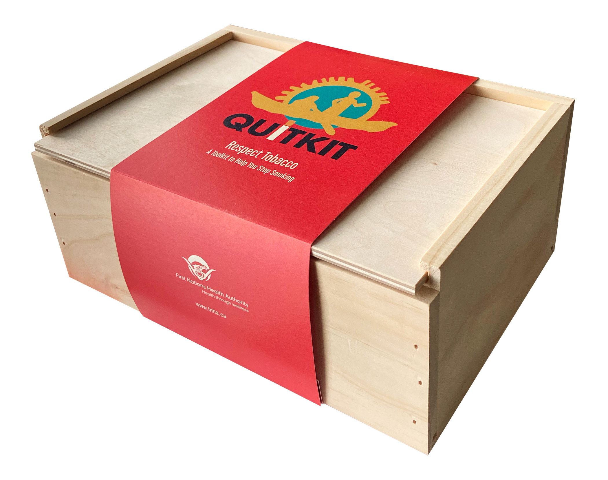 FNHA Quit Smoking kit, 2021
branded boutique wooden box, laser cut canoe ornament, guidebook, journal, T-shirt 