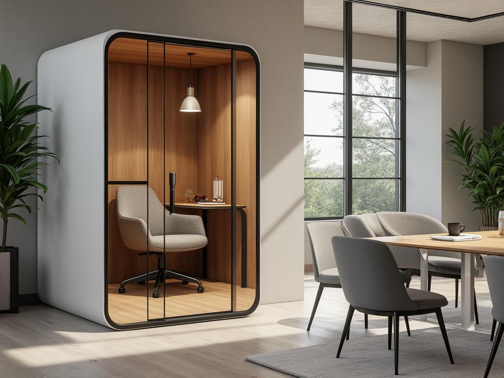 Oficina moderna con cabina acústica, silla cómoda, mesa de trabajo y gran ventana.