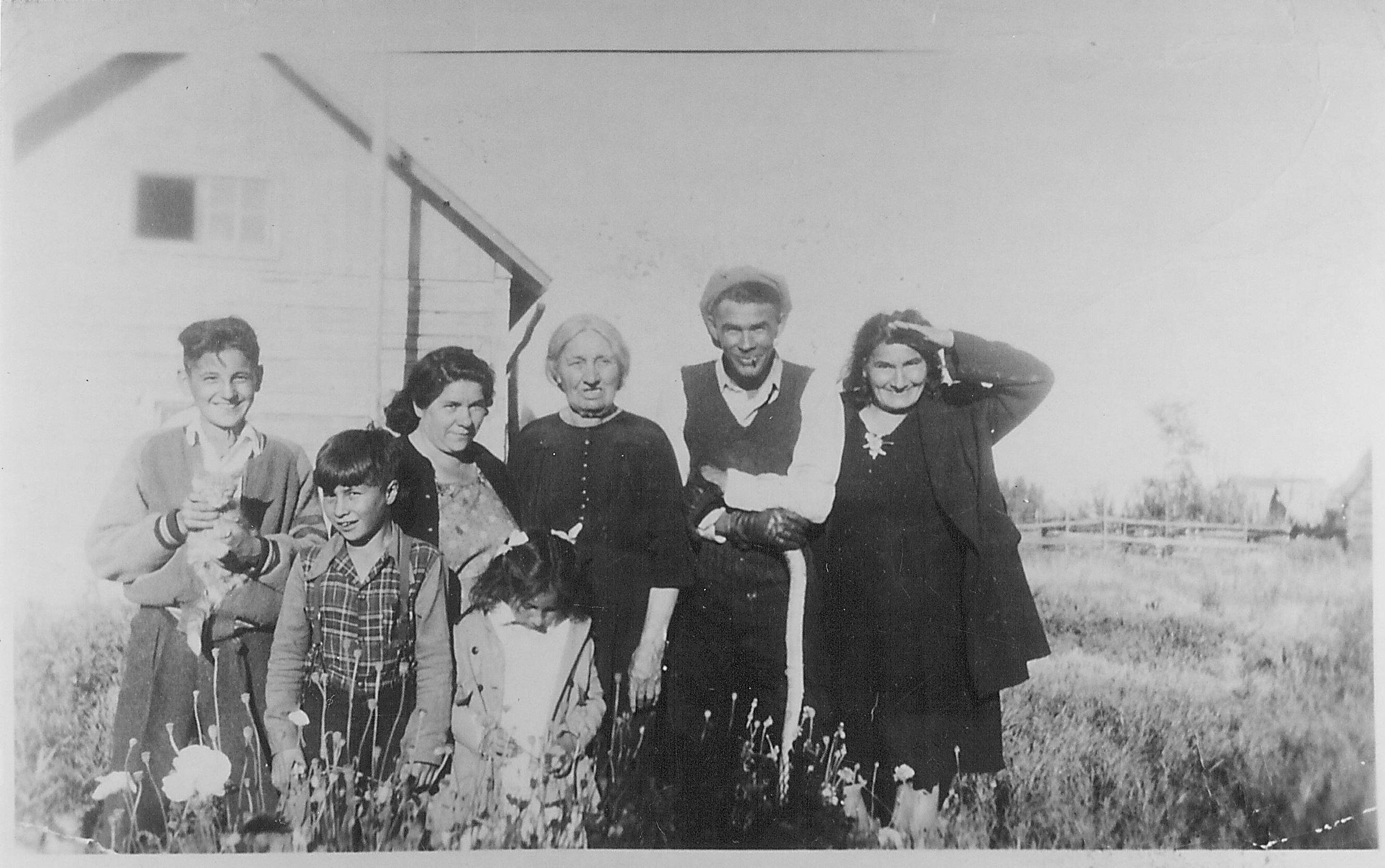We believe Sarah Charles is the Elderly lady in the middle with Harry Cardinal and Lillian (Charles) Cardinal on her right. We need help identifying the 4 younger people on the left side of the group.
If you can confirm or help identify these individuals we would certainly appreciate it!
*EDIT* 
The individuals from L-R have been identified as Steve Cardinal, Pete Lizotte, Marie Lizotte, Jane Lizotte.
990.4.20.23 / Ducharme, Iola