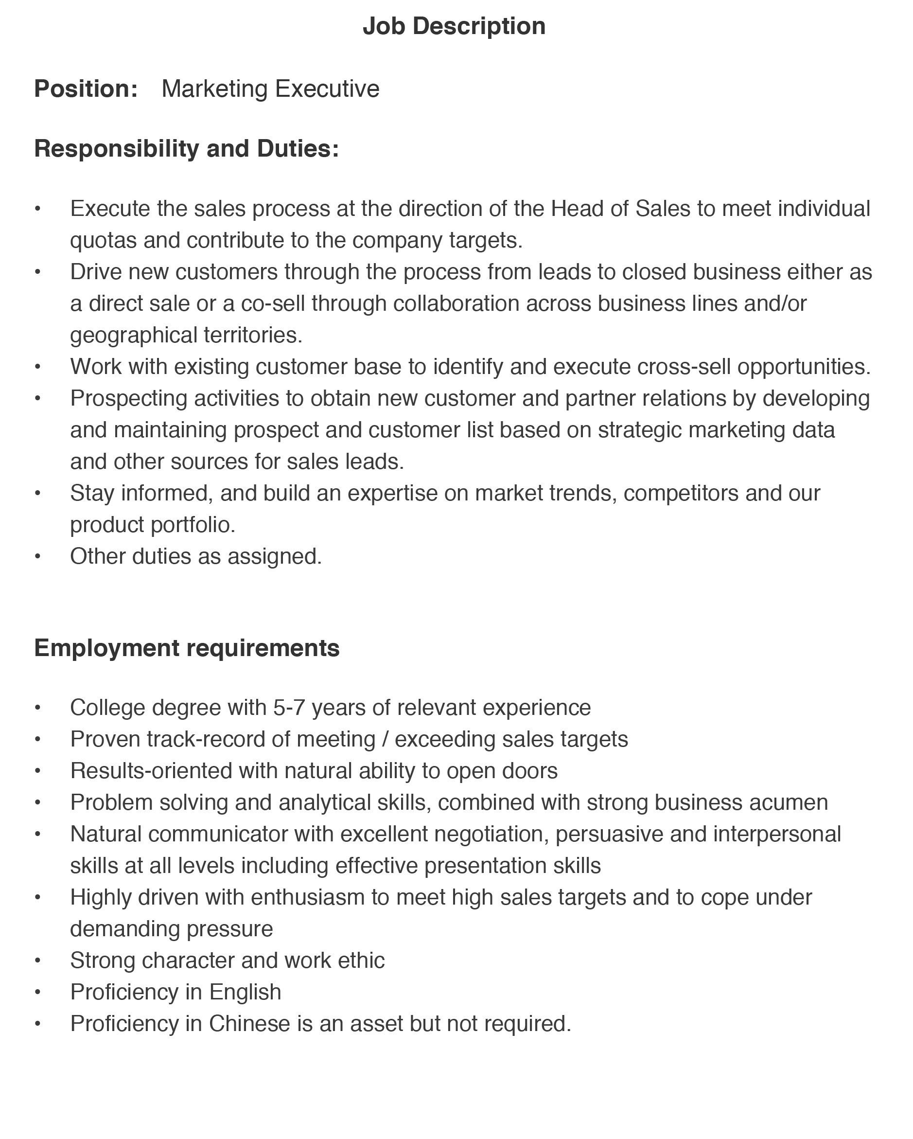 marketing executive job description in education sector
