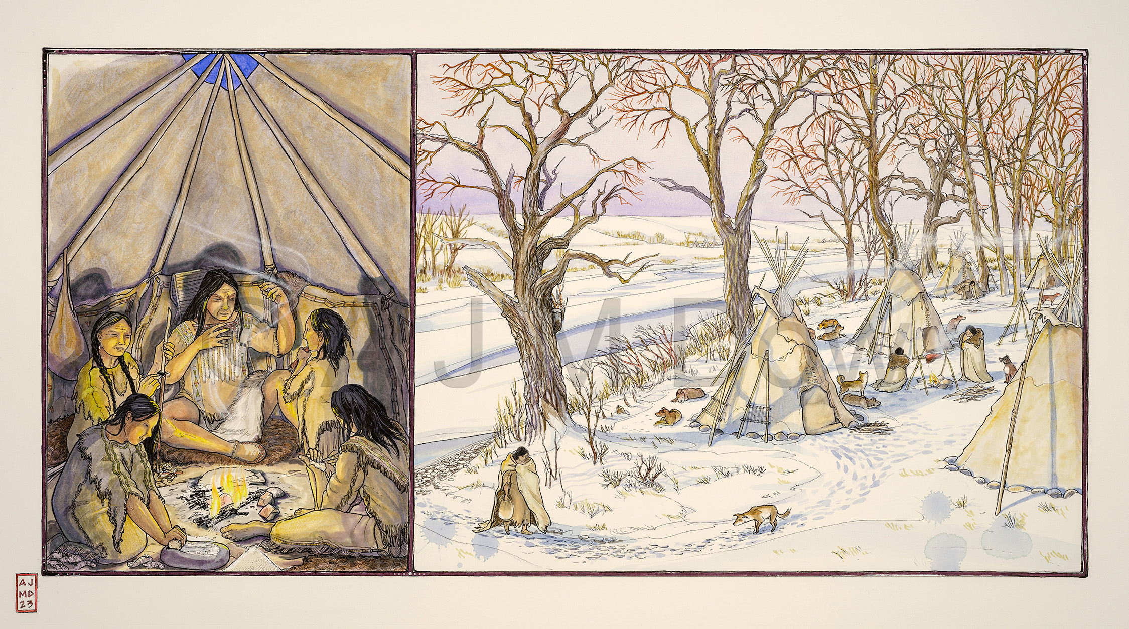 "Bow Bottom Winter Campsite" Commissioned illustration for City of Calgary Parks.