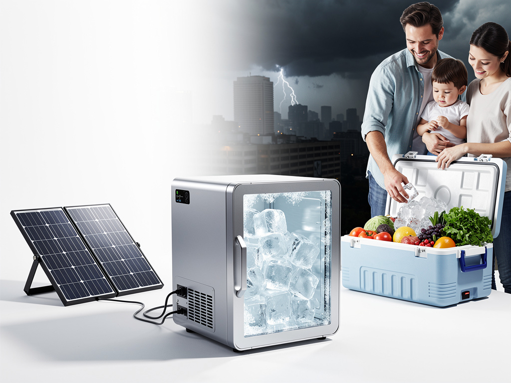 Solar powered portable refrigerator and cooler with ice, fresh food, and family during storm power outage