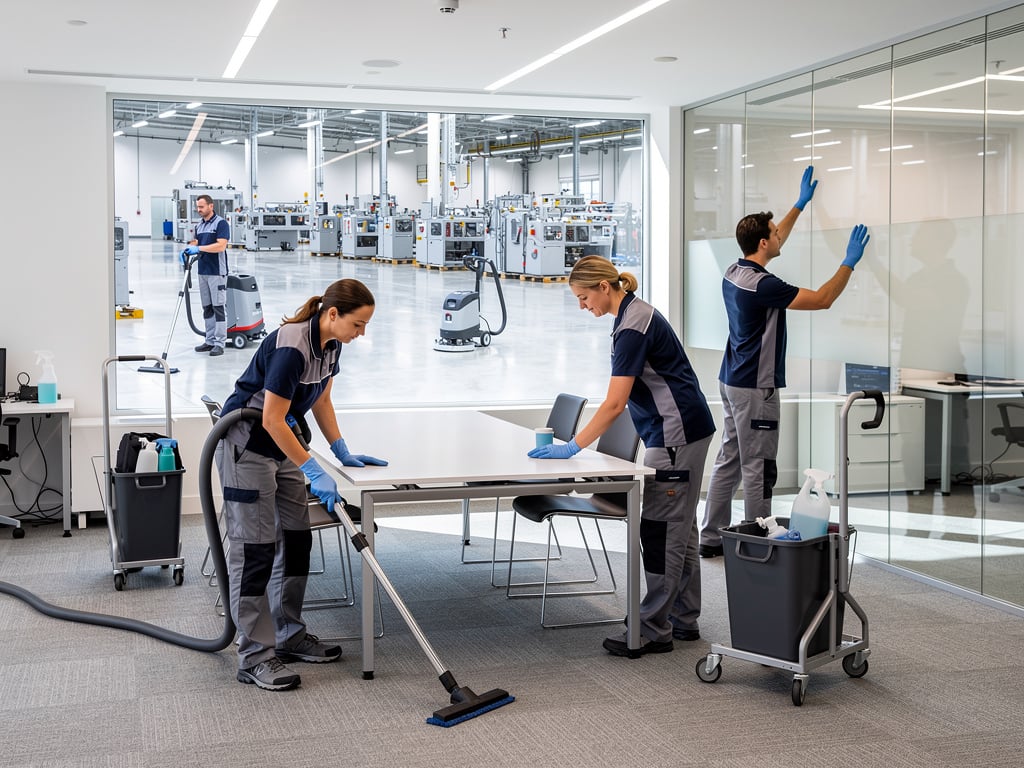 Professional cleaning team sanitizing modern office and industrial facility with vacuums, carts, and glass partitions