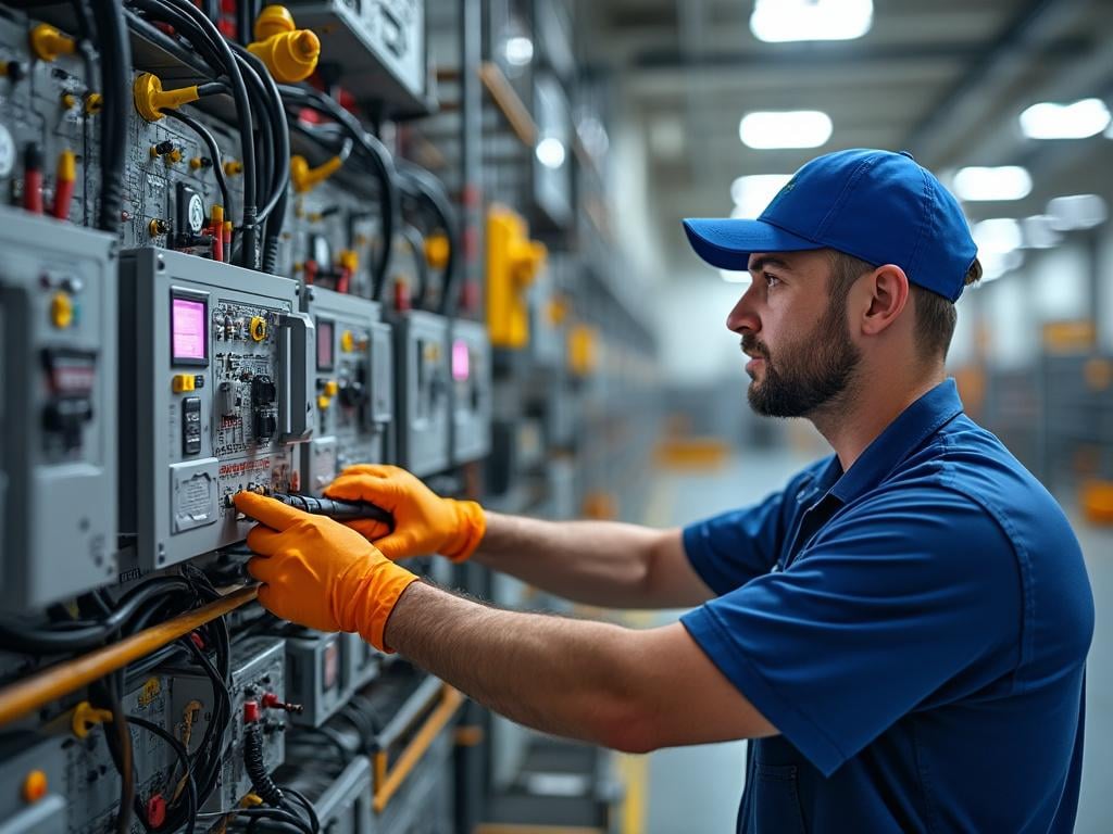 Technician in blue uniform and cap working on electrical control panel in industrial setting, wearing orange gloves.