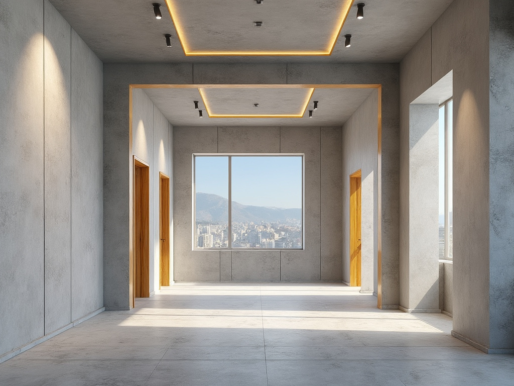 Modern minimalist interior with large windows, recessed lighting, and a cityscape view.