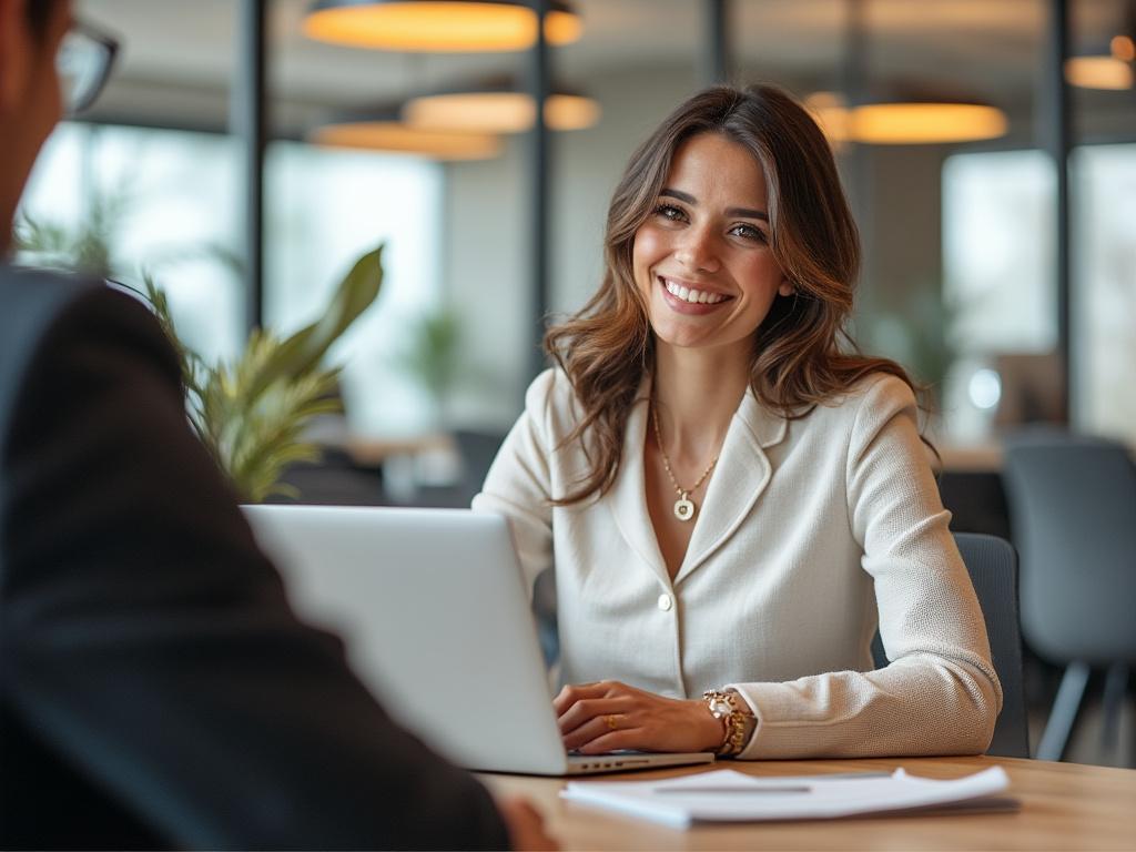 Businesswoman smiling while sitting at desk with laptop in modern office setting.