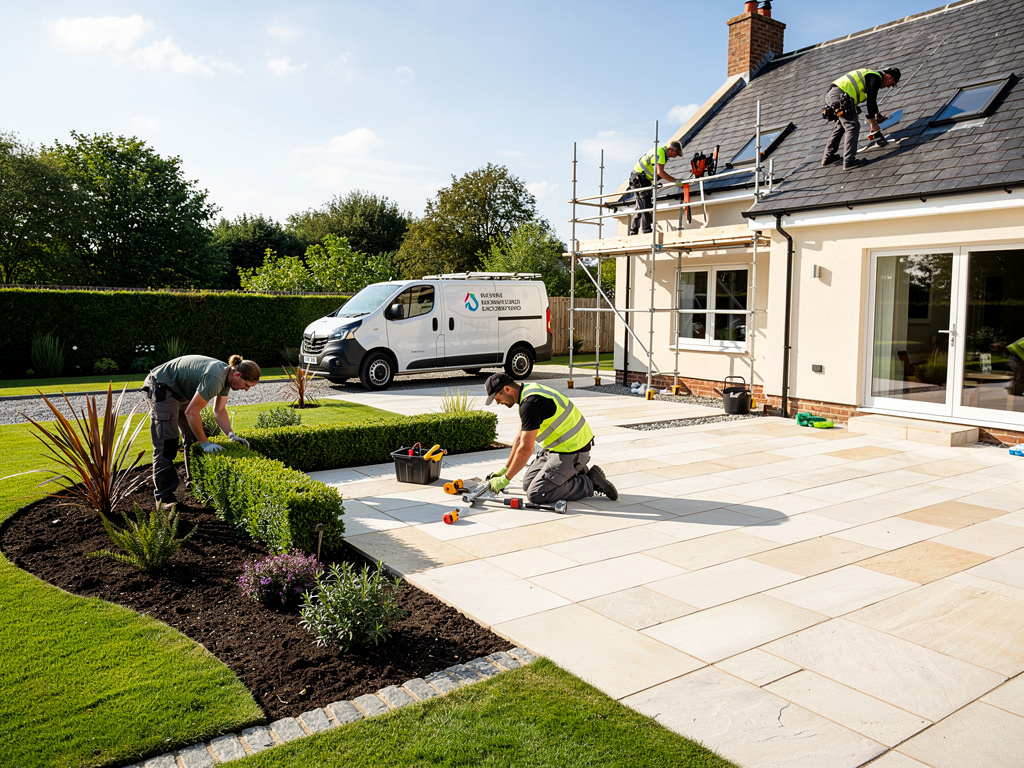 Home renovation team landscaping garden, installing patio tiles, and repairing roof with scaffolding at modern house Home renovation team landscaping garden, installing patio tiles, and repairing roof with scaffolding at modern house