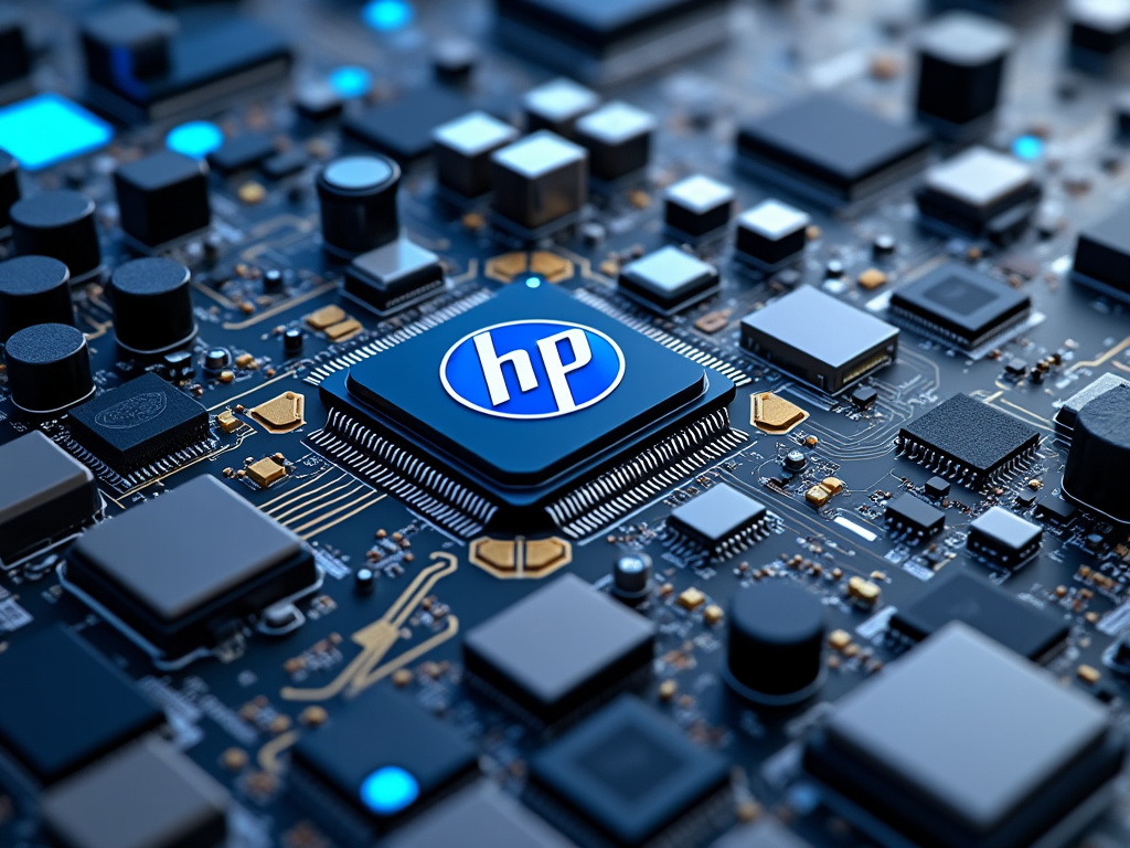 Close-up of a circuit board featuring a prominent chip with HP logo, surrounded by electronic components.