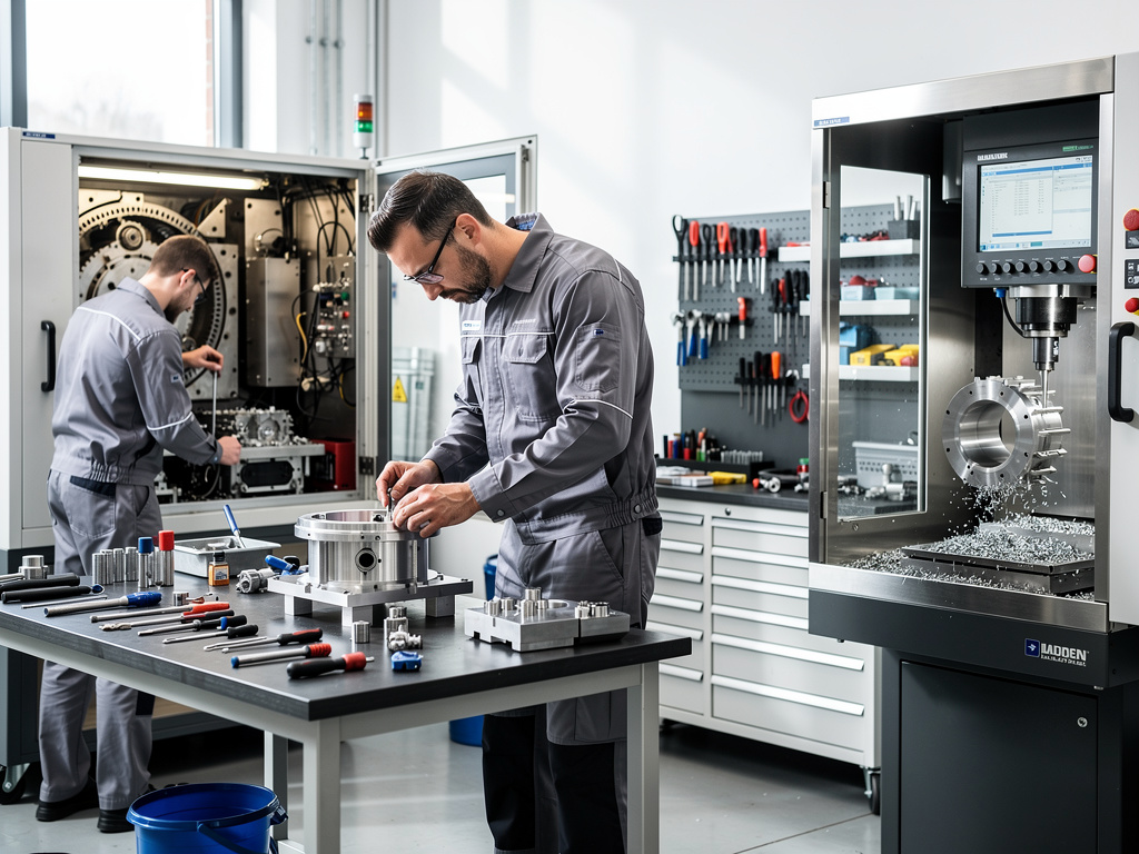 Engineers working with precision metal parts and CNC milling machine in modern manufacturing workshop