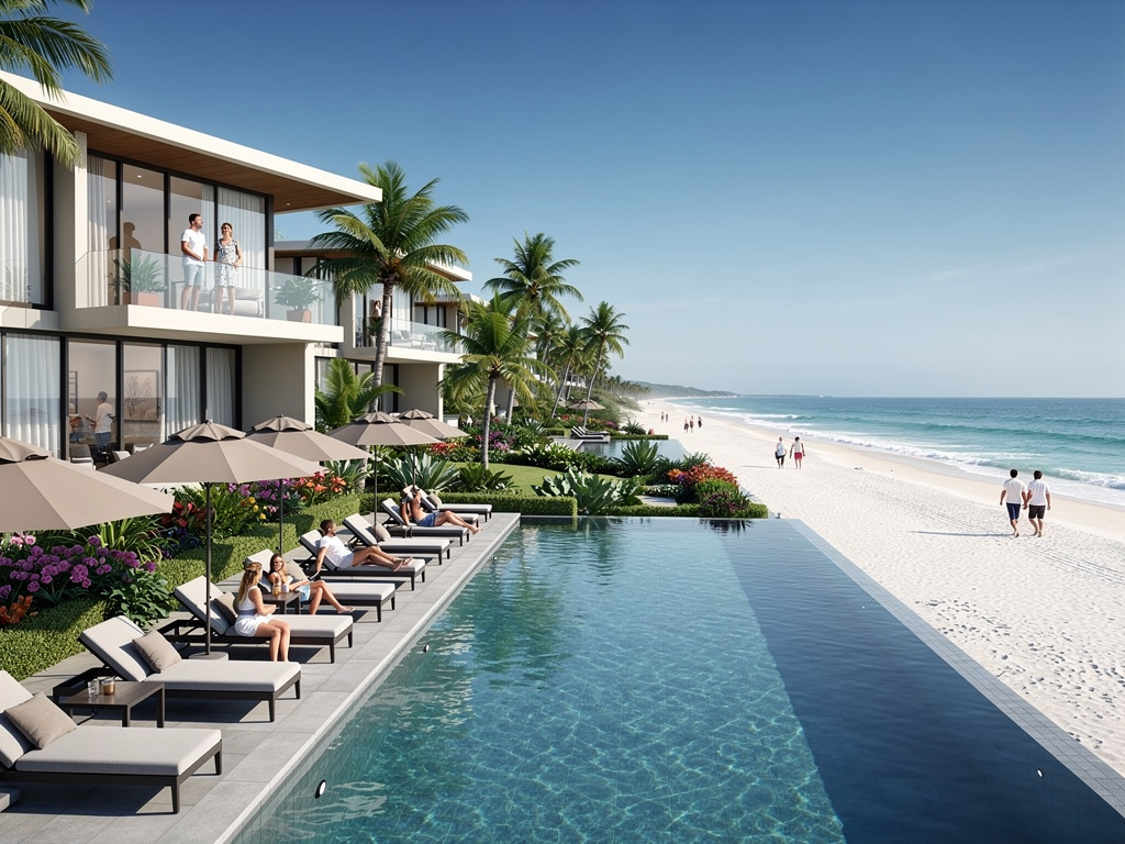 Luxury beachfront resort with infinity pool, palm trees, lounge chairs, and modern ocean-view villas