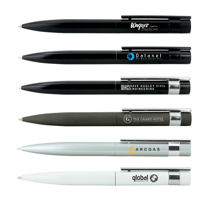 A row of colorful pens in various shades, including white, yellow, orange, red, pink, purple, green, light blue, dark blue, and black, aligned neatly on a white background.