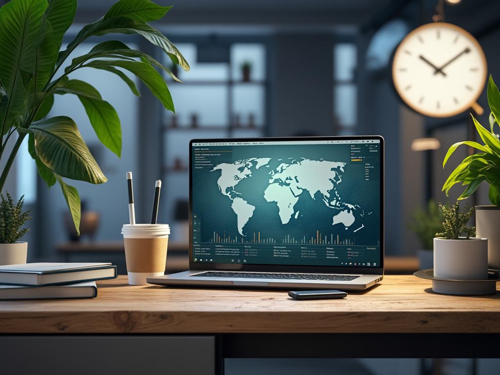 Modern office desk with laptop displaying world map and data charts, surrounded by green plants, books, and coffee cup, with large clock in the background.
