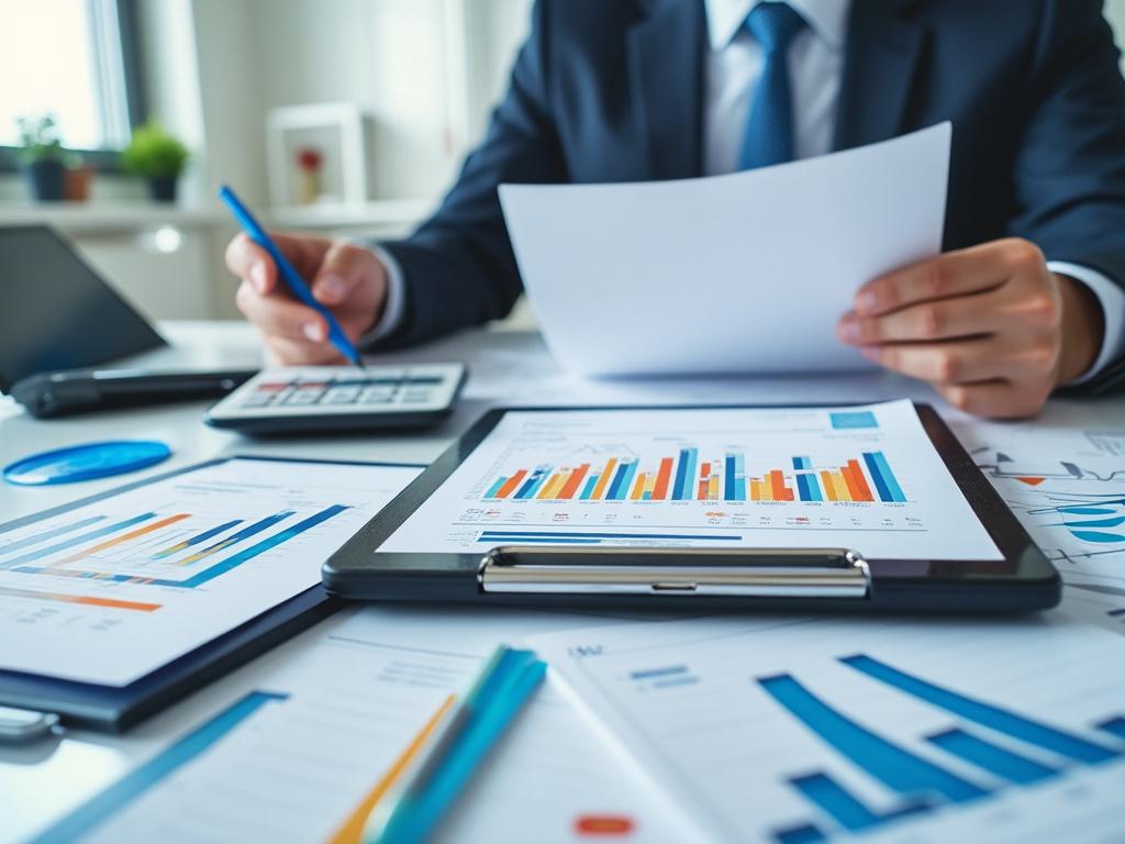 Businessman reviewing financial charts and graphs in office, analyzing data with calculator and paperwork on desk.
