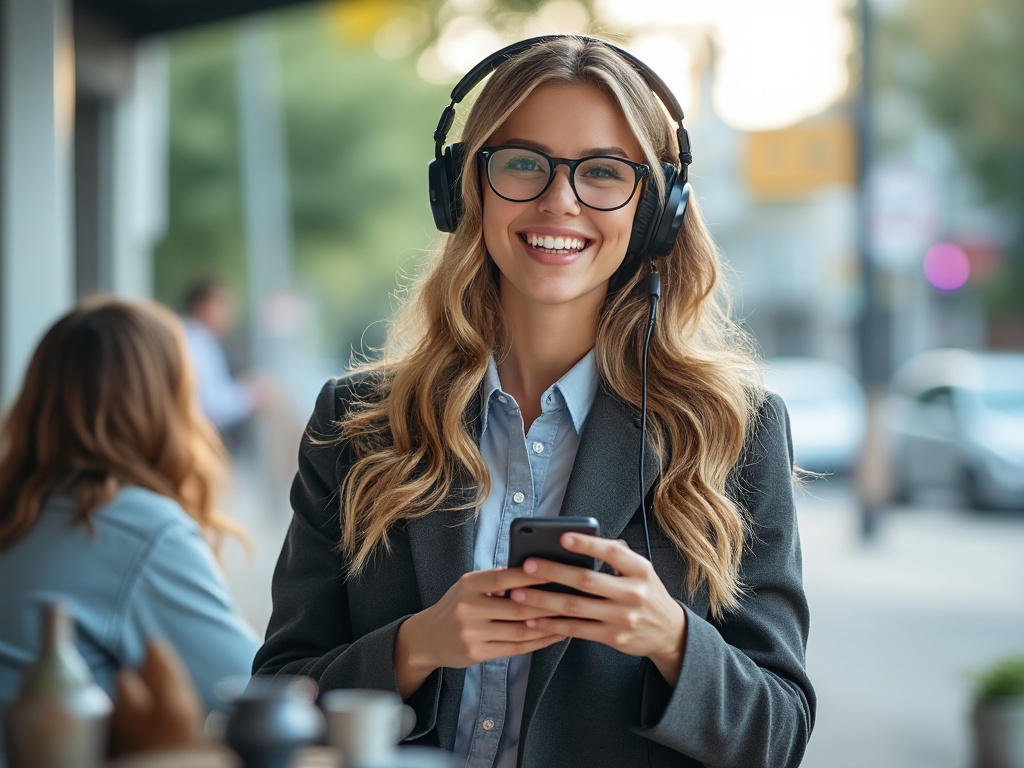 Smiling businesswoman wearing headphones and glasses holding a smartphone at an outdoor cafe