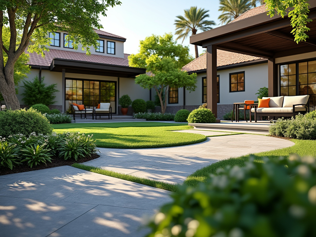 Modern backyard with lush green lawn, patio furniture, and covered porch surrounded by trees and plants.