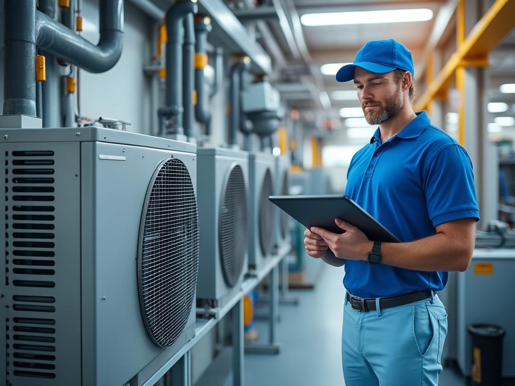 Technician in blue uniform inspecting industrial HVAC system with tablet in mechanical room.