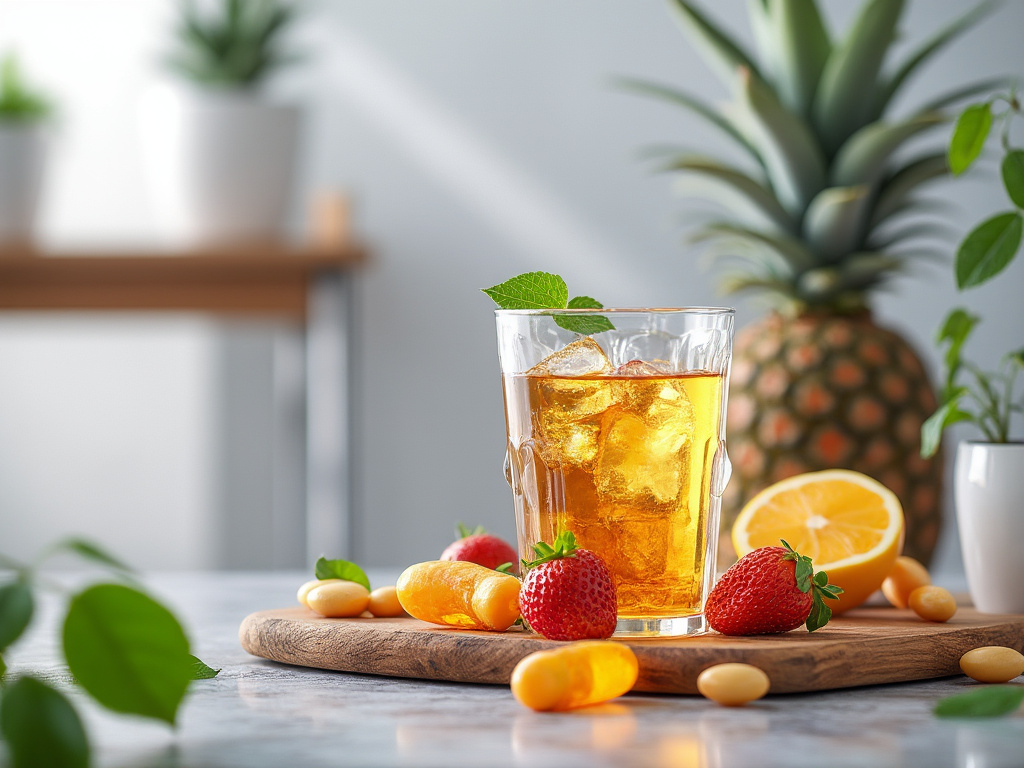 Refreshing iced tea with lemons, strawberries, and mint on a wooden board, surrounded by tropical fruits and potted plants.