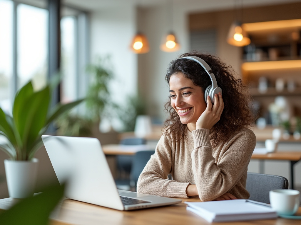 Smiling woman wearing headphones using a laptop in a bright modern cafe workspace