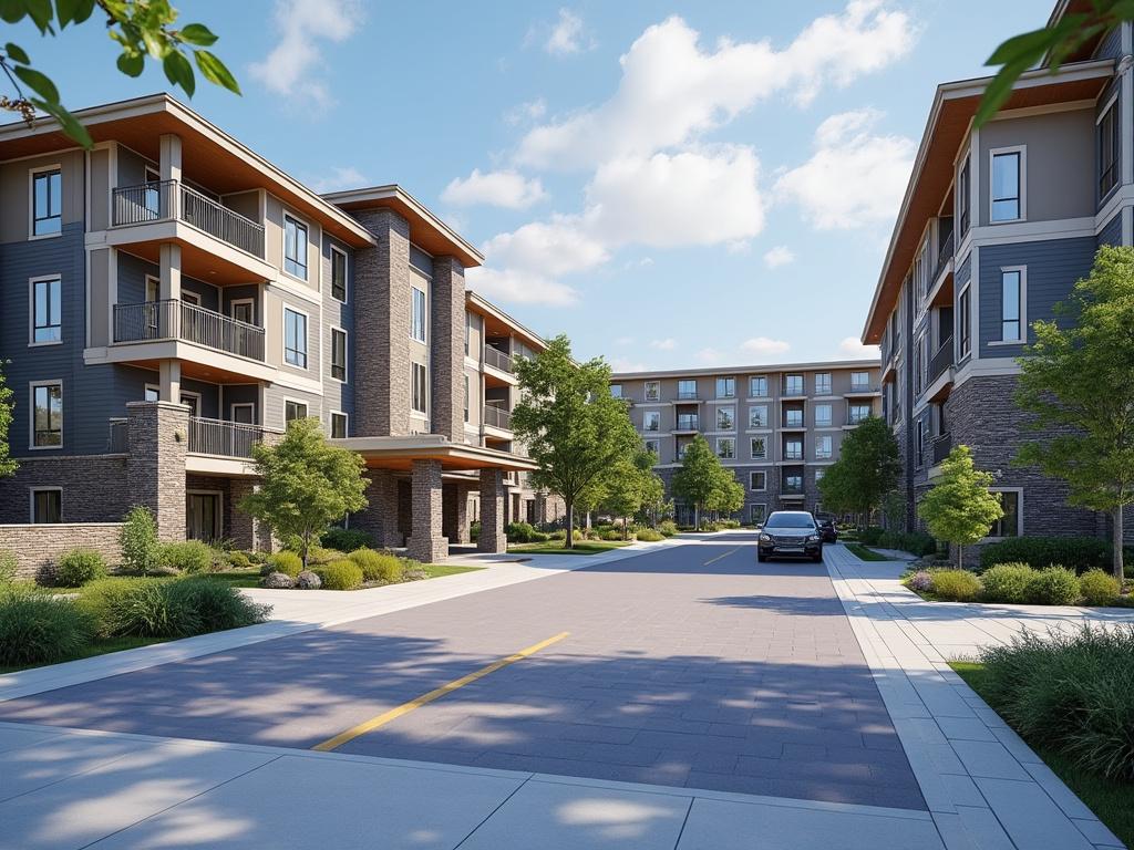 Modern apartment buildings in a residential complex with landscaped greenery and a central road under a blue sky with clouds.