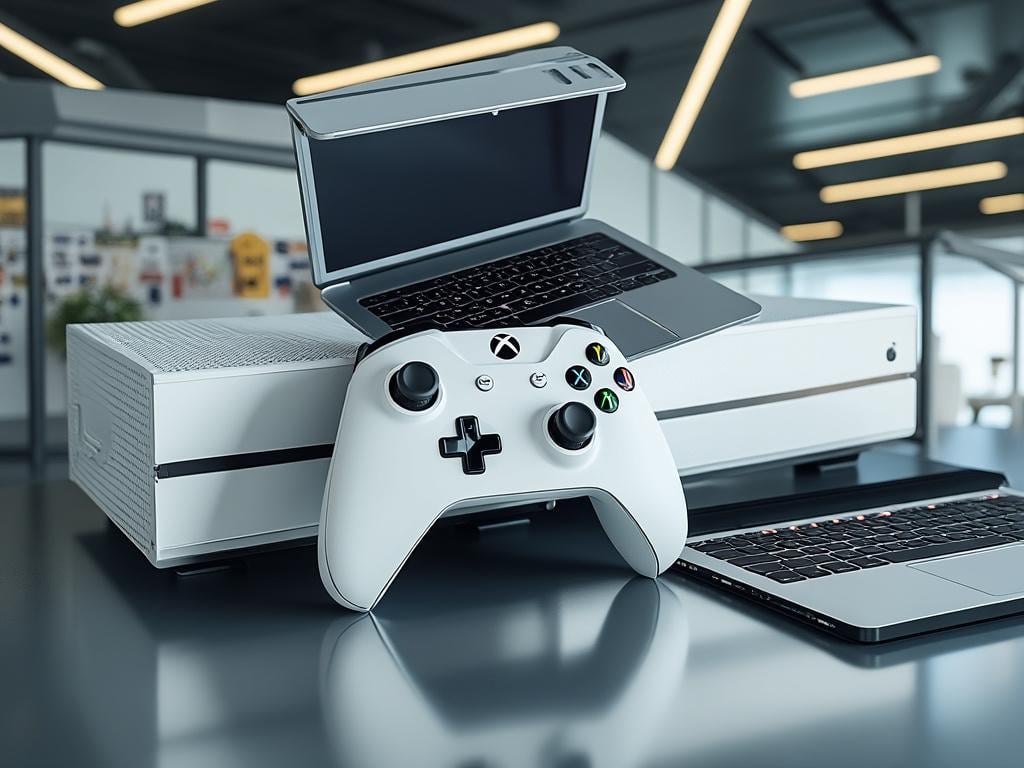 A gaming console with a white controller and two laptops on a modern office desk.