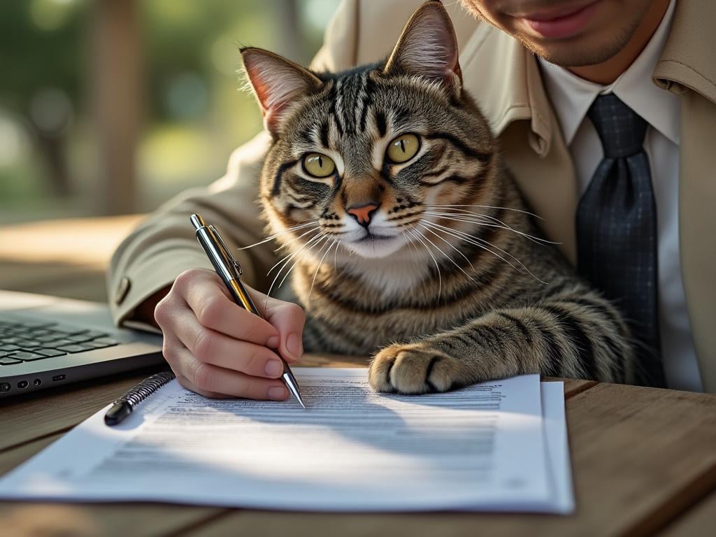 Businessman with suit writing with a pen on papers while a tabby cat sits on the table, outdoor setting.