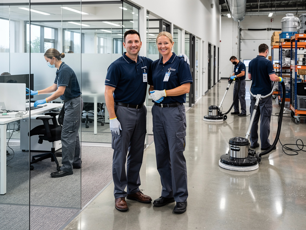 Professional commercial cleaning team in uniforms cleaning modern office glass partitions and polished warehouse floors
