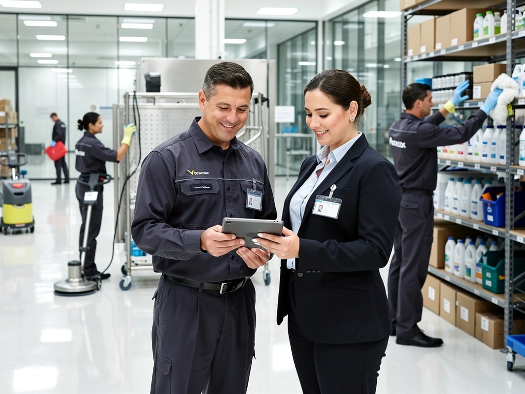 Facility cleaning staff and manager reviewing a tablet in a modern commercial supply room with janitorial products