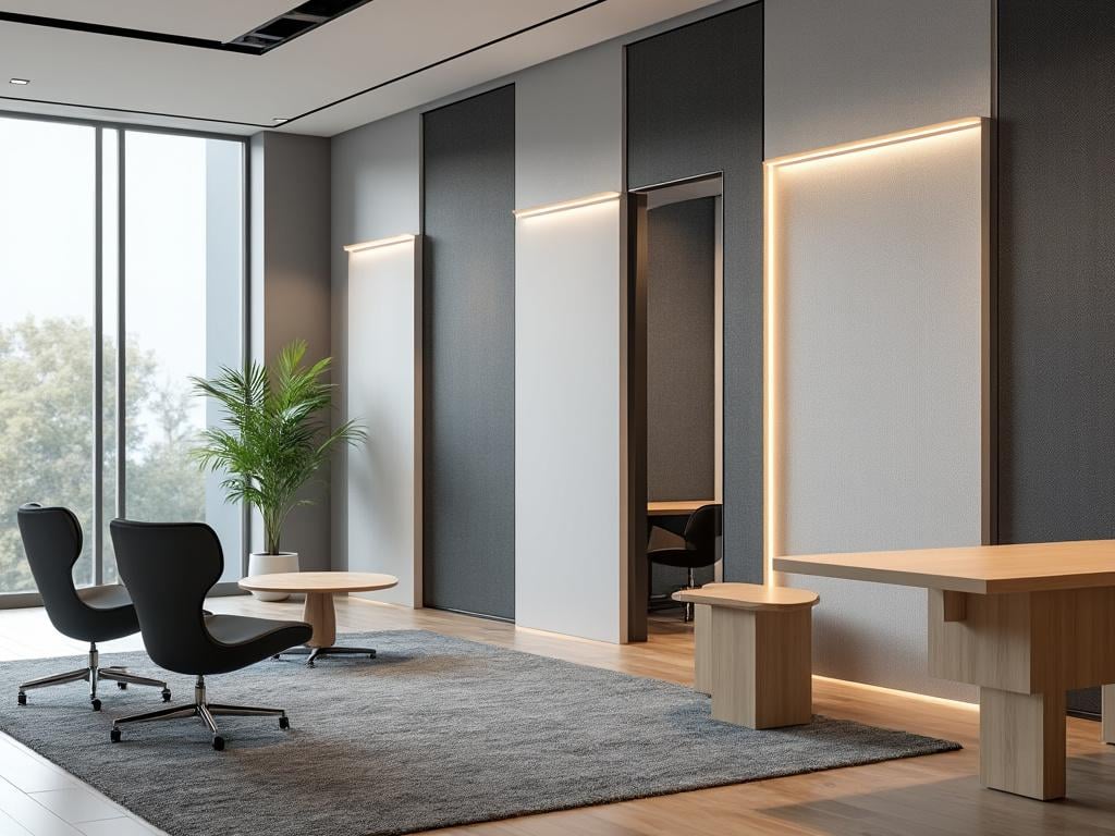 Oficina moderna con muebles minimalistas, sillas negras, mesa de centro, planta decorativa y paneles de luz en las paredes.