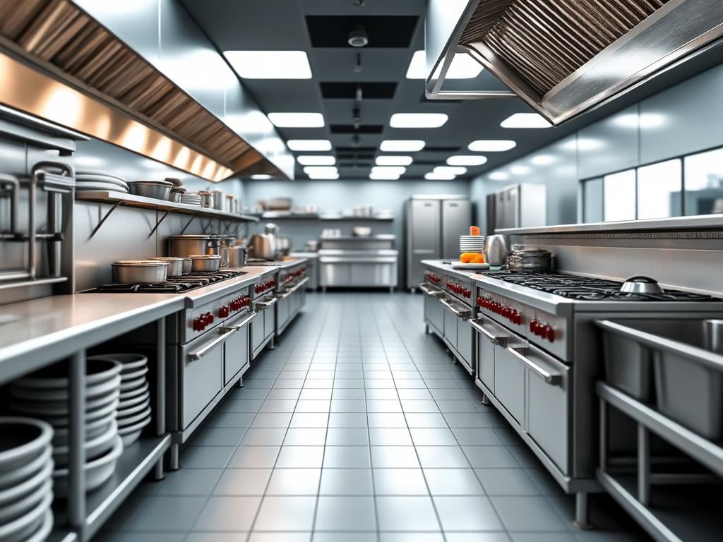 Modern commercial kitchen with stainless steel appliances, including stoves, pots, and storage racks, under bright lighting.