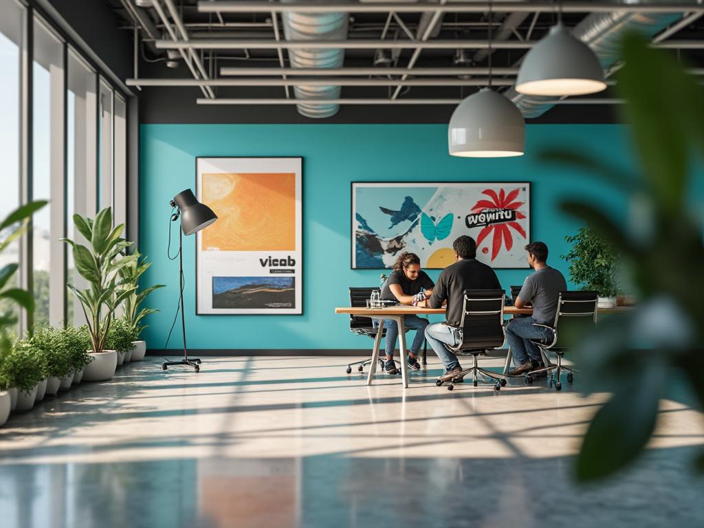 Modern office meeting room with three people sitting at a table, surrounded by green plants and colorful wall art.