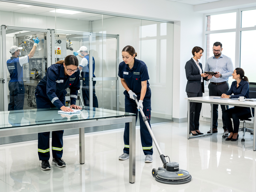 Professional cleaning staff sanitizing glass table and polishing floor in modern office laboratory with business team meeting