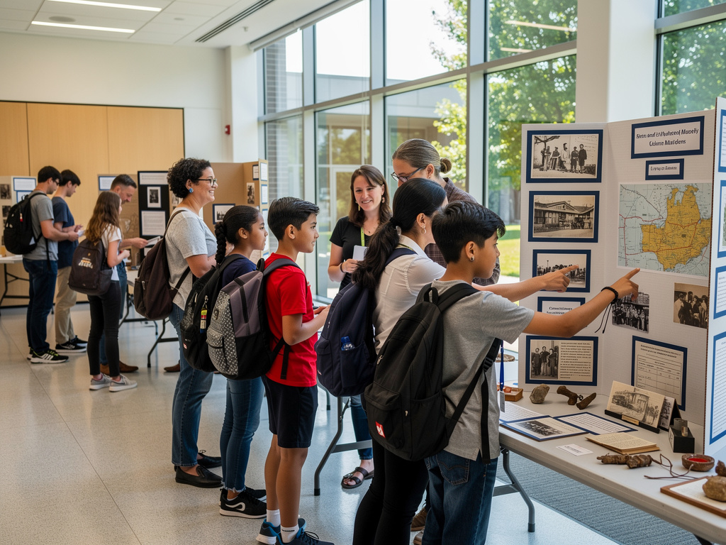 Students presenting a school history fair display with photos, maps, and artifacts in a bright classroom