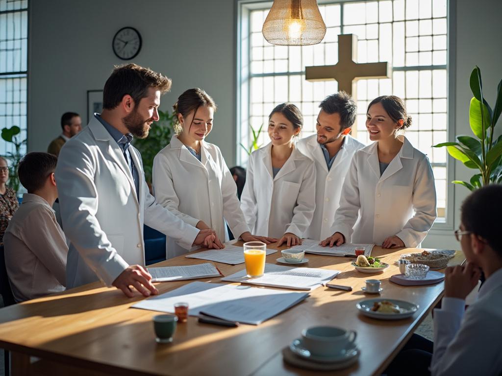 Groupe de médecins en blouses blanches discutant autour d'une table avec documents et petit-déjeuner, dans une salle lumineuse.
