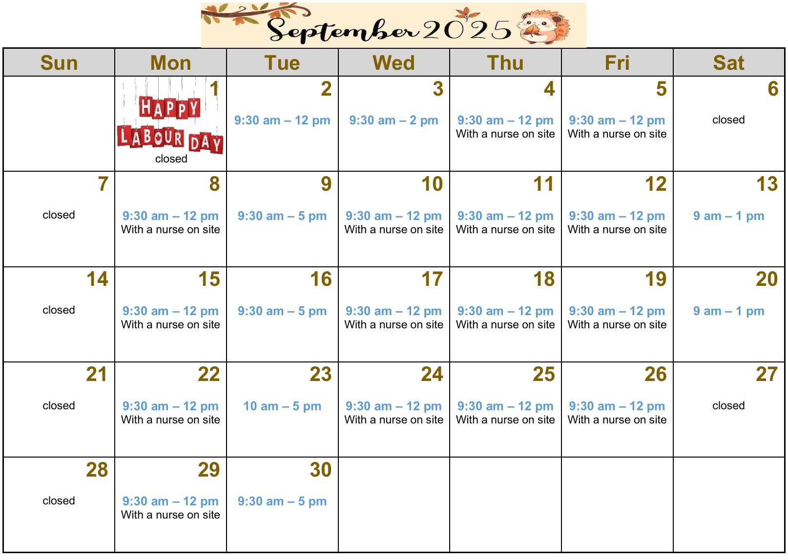 Clinic hours for this month