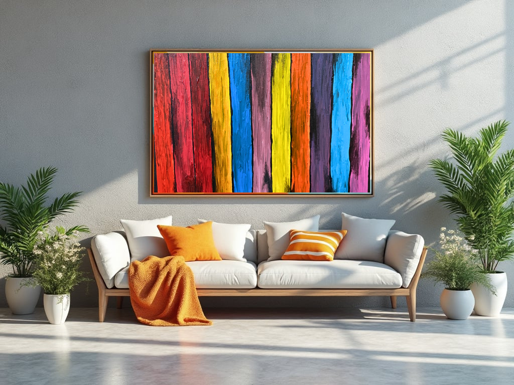 Modern living room with abstract wall art, white sofa, orange decor, and green plants.