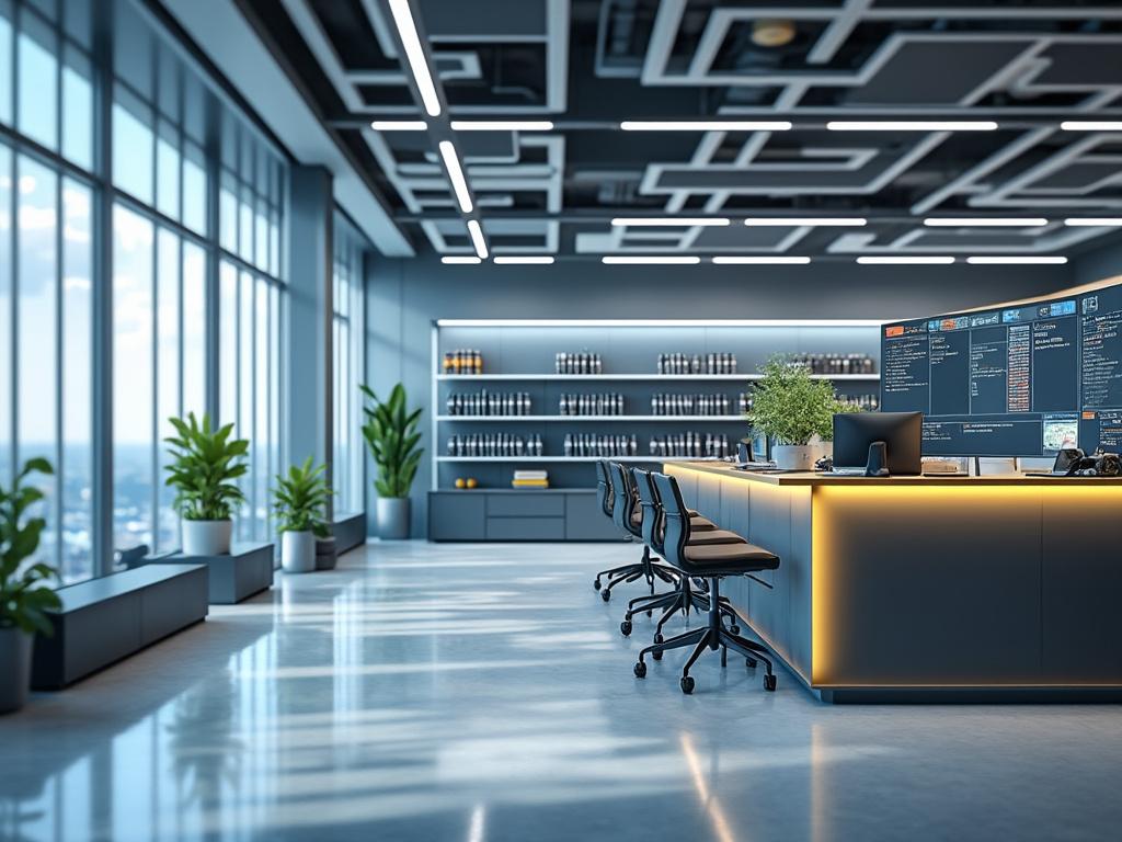 Modern office interior with large windows, sleek desks, computers, ergonomic chairs, and green plants.