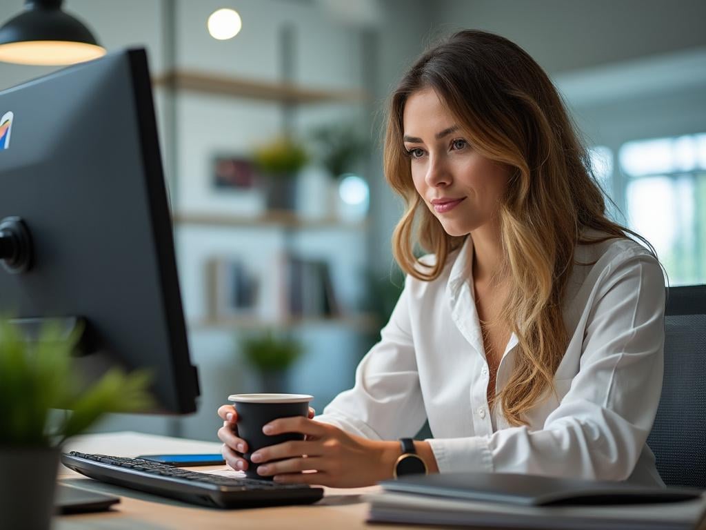Femme travaillant à un bureau avec un ordinateur, tenant une tasse, dans un bureau moderne.