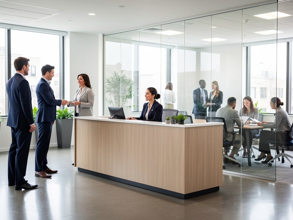 Modern corporate office reception area with business professionals shaking hands and meeting in glass conference room