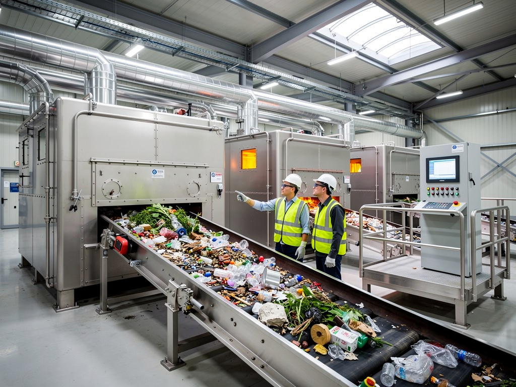 Workers inspecting conveyor belt waste sorting line inside modern recycling facility