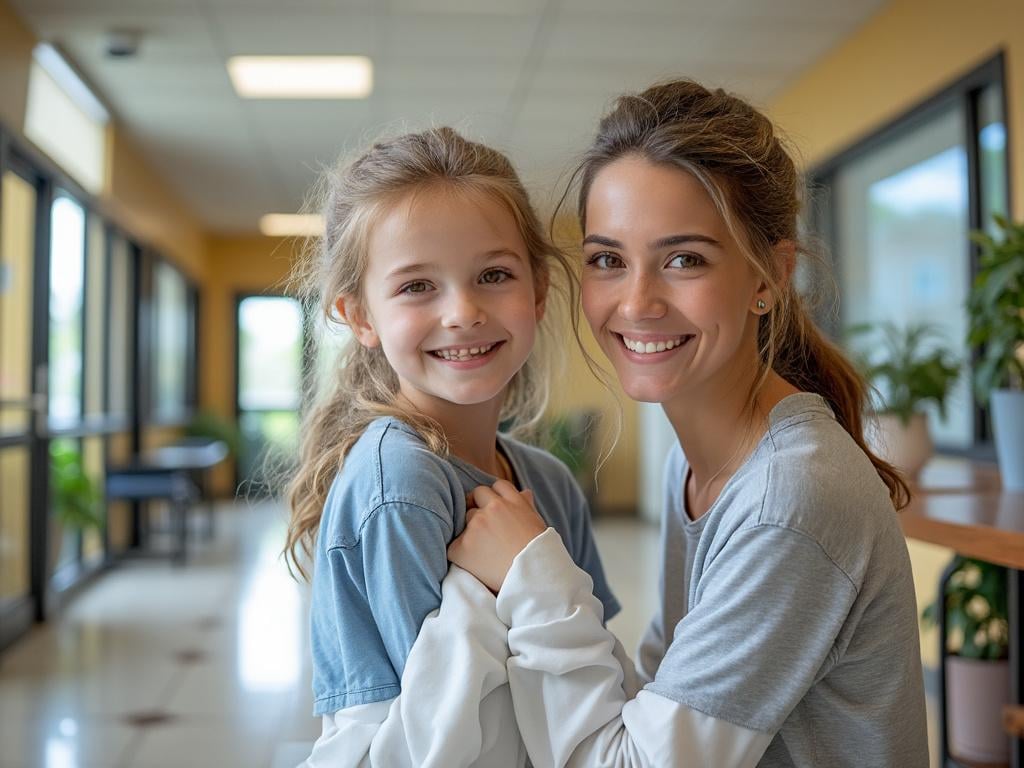Smiling mother and young daughter posing together in a bright school hallway