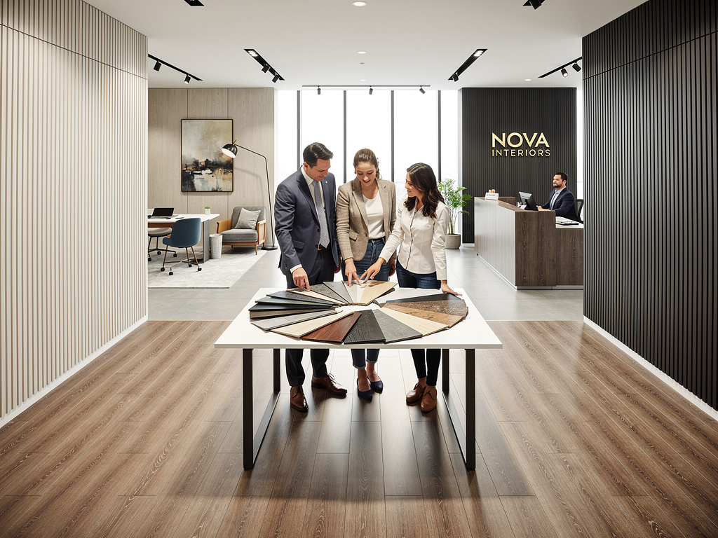 Interior designers reviewing flooring and material samples in a modern Nova Interiors showroom with reception desk