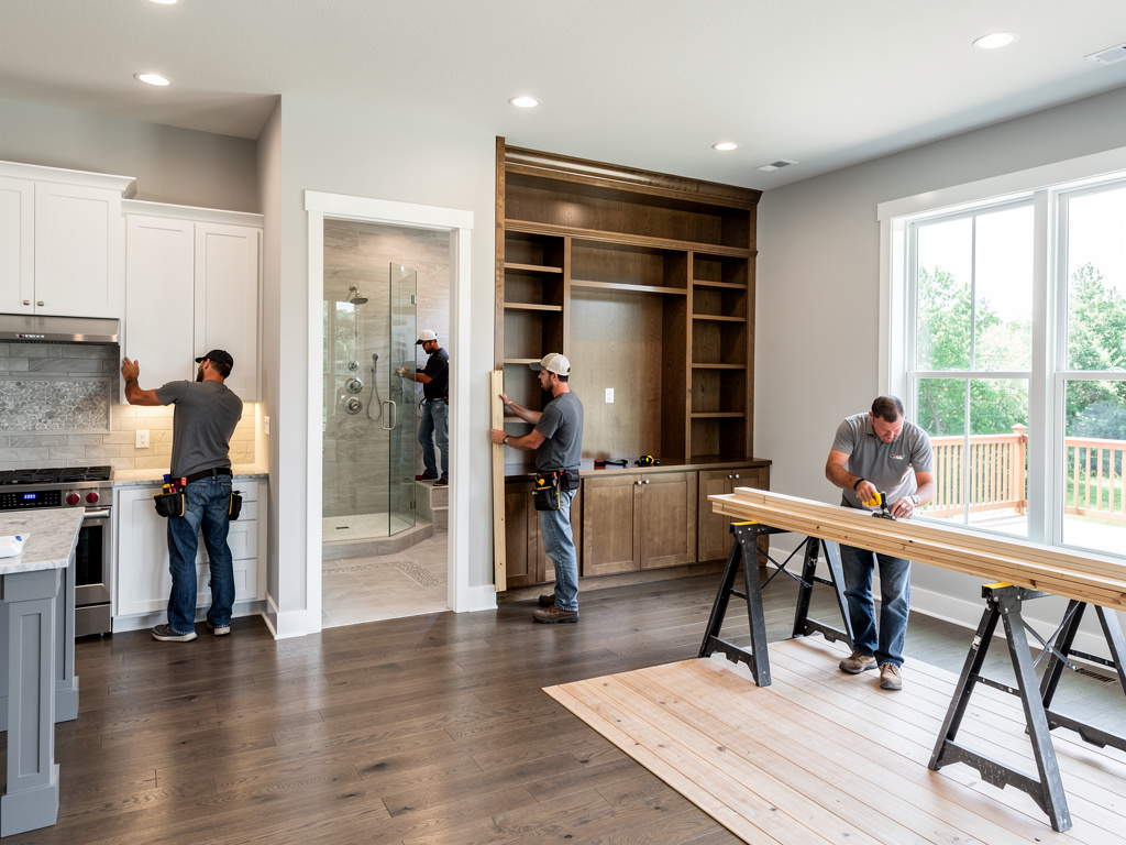 Carpenters installing custom cabinetry and trim during home renovation in modern kitchen and living space