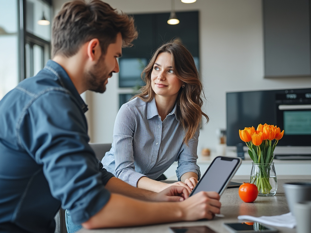 Frau und Mann lächeln und sprechen in moderner Küche mit Tablet und Vase voller Tulpen.